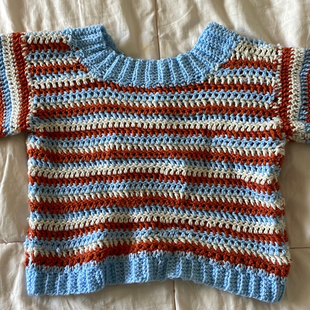 Balloon Sleeve Striped Crochet Sweater